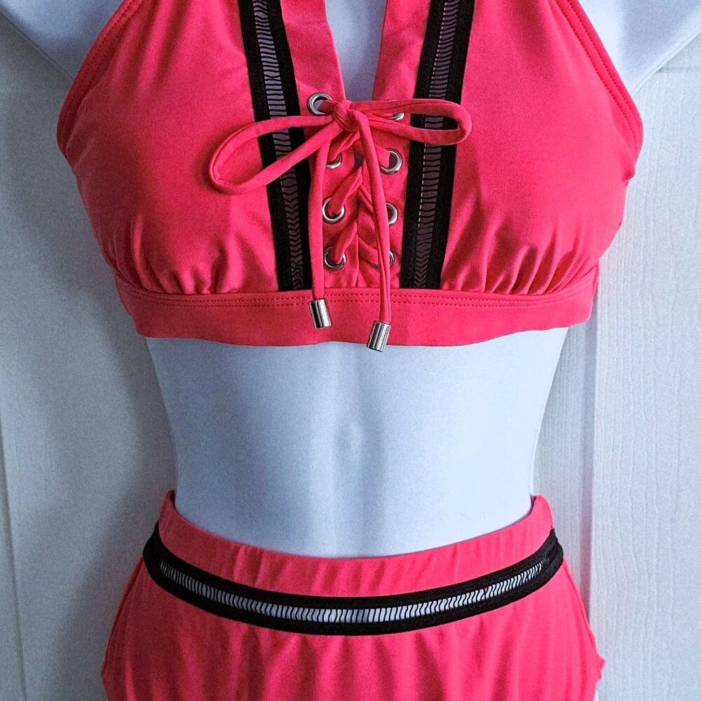 NWOT Venus Womens Bikini NSI Sunset Pink Sporty Top & High Waist Bottom Sz6
